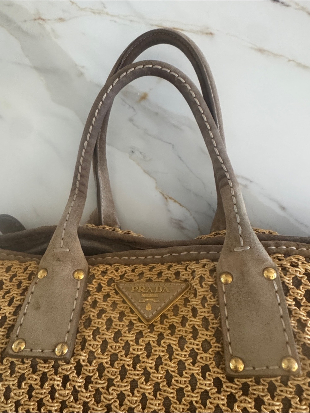 Prada Yellow Crochet Shoulder Bag with Taupe Leather Trim and shopping bag - Picture 2 of 16